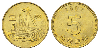 Южная Корея 5 вон 1987 KM 32 латунь UNC 4682-1016