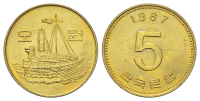 Южная Корея 5 вон 1987 KM 32 латунь UNC 4682-1016