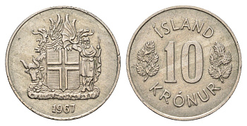 Исландия 10 крон 1967 KM 15 медно-никель 4586-545
