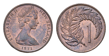 Новая Зеландия 1 цент 1971 Елизавета II (1952-2022), лист папоротника KM 31.1 бронза UNC 4690-824