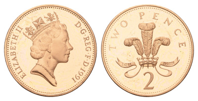Великобритания 2 пенса 1991 Елизавета II (1952-2022) KM 936, Spink 4376 (C3) бронза PROOF 4127-1345