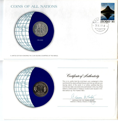 Исландия 10 крон 1978 конверт с маркой первого дня гашения, Coins of Nations KM 15 медно-никель UNC 4295-1-3