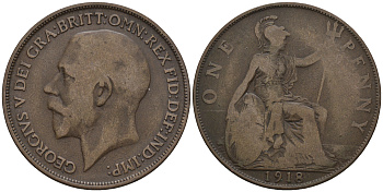 Великобритания 1 пенни 1918 Георг V (1910-1936) КМ 810, Spink 4051 бронза 4112-715