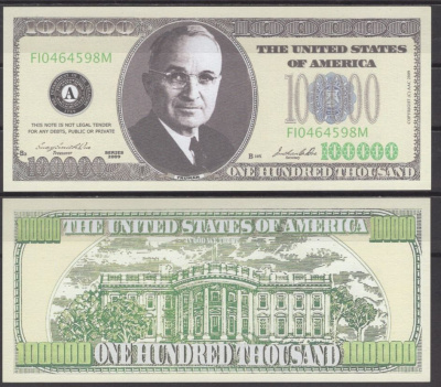 США 100000 долларов 2009 Гарри Трумэн бумага UNC (пресс) 7196-10-2