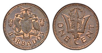 Барбадос 1 цент 1973 сломанный трезубец Британии KM 10 бронза 4689-1165