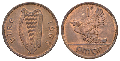 Ирландия 1 пенни 1966 курица с цыплятами KM 11 бронза 4672-932