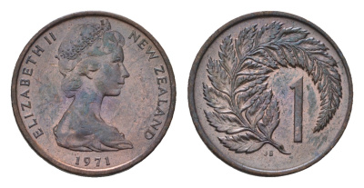 Новая Зеландия 1 цент 1971 Елизавета II (1952-2022), лист папоротника KM 31.1 бронза UNC 4690-822