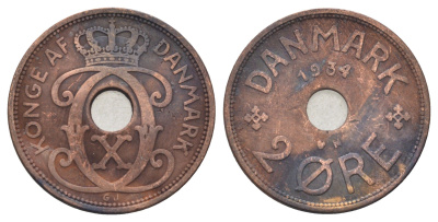 Дания 2 эре 1934 N, Кристиан X (1912-1947) KM 827 бронза 4701-816