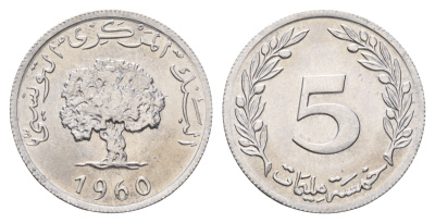 Тунис 5 миллимов 1960 пробковый дуб KM 282 алюминий UNC 4662-636