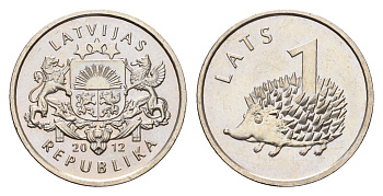 Латвия 1 лат 2012 Ежик KM 135 медно-никель UNC 4679-369
