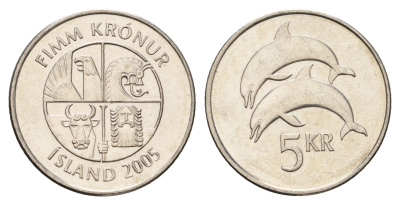 Исландия 5 крон 2005 дельфины KM 28a сталь плакированная никелем UNC 4691-426