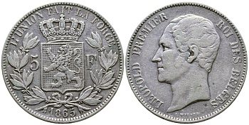 Бельгия 5 франков 1865 Леопольд I (1831-1865) KM 17 серебро 1066-20-61