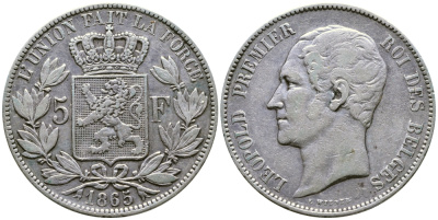 Бельгия 5 франков 1865 Леопольд I (1831-1865) KM 17 серебро 1066-20-61