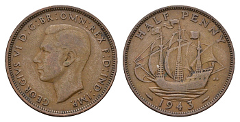 Великобритания 1/2 пенни 1943 Георг VI (1936-1952) KM 844, Spink 4115 бронза 4519-231