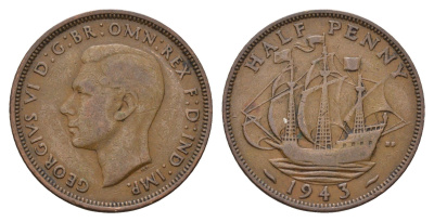 Великобритания 1/2 пенни 1943 Георг VI (1936-1952) KM 844, Spink 4115 бронза 4519-231