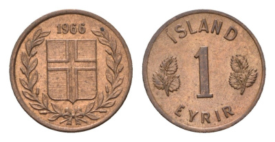 Исландия 1 эйре 1966 KM 8 бронза UNC 4690-739
