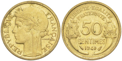 ФРАНЦИЯ 50 САНТИМОВ 1941 ТИП MORLON KM 894.1, LE FRANC 192.18 алюминиевая бронза 44-561