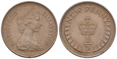 Великобритания 1/2 пенни 1971 Елизавета II (1952-2022) KM 914, Spink 4239 бронза 4609-957