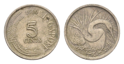 Сингапур 5 центов 1969 большая белая цапля KM 2 медно-никель 4549-539