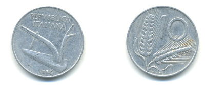 ИТАЛИЯ 10 ЛИР 1956 R, ПЛУГ KM 93 алюминий 80-1234