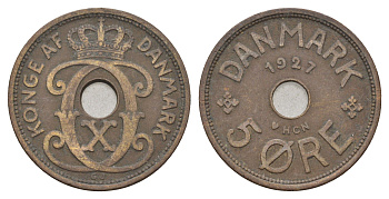 Дания 5 эре 1927 NCH, Кристиан X (1912-1947) KM 828 бронза 4700-753