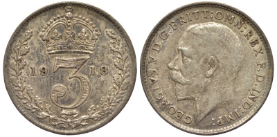Великобритания 3 пенса 1919 Георг V (1910-1936) KM 813, Spink 4015 серебро 4528-512