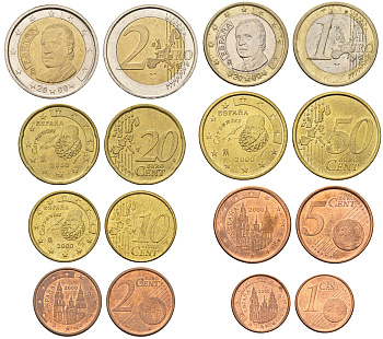 Испания полный евронабор из 8 монет 2000 1, 2, 5, 10, 20, 50 евроцентов, 1 и 2 евро KM 1040, 1041, 1042, 1070, 1071, 1072, 1073, 1074 4686-241-247