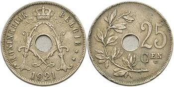 Бельгия 25 сантимов 1921 Belgie, Альберт I (1909-1934) KM 69 медно-никель 119-342