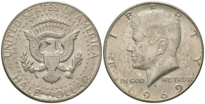 США 1/2 доллара (50 центов) 1969 D, Джон Кеннеди KM 202a серебро 221-1031