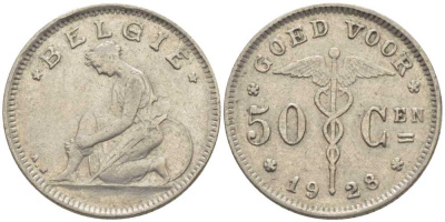 БЕЛЬГИЯ 50 САНТИМОВ 1928 BELGIE, АЛЬБЕРТ I (1909-1934) KM 88 никель 116-966