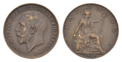 Великобритания 1 фартинг 1919 Георг V (1910-1936) KM 808.2, Spink 4060 бронза 4643-841