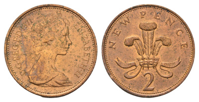 Великобритания 2 новых пенса 1971 Елизавета II (1952-2022) KM 916, Spink 4235 (C1) бронза 92-843