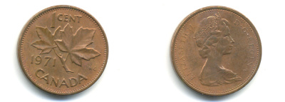 Канада 1 цент 1971 Елизавета II (1952-2022), кленовый лист KM 59.1 бронза 177-1337