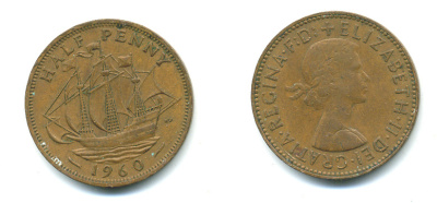 Великобритания 1/2 пенни 1960 Елизавета II (1952-2022) KM 896, Spink 4158 бронза 4383-326