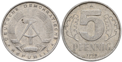 ГДР 5 пфеннигов 1968 A KM 9.1 алюминий 211-846