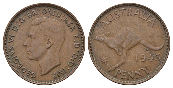 Австралия 1 пенни 1943 Кенгуру, Георг VI (1936-1952) KM 36 бронза 4692-834