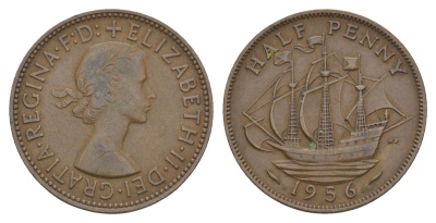 Великобритания 1/2 пенни 1956 Елизавета II (1952-2022) KM 896, Spink 4158 бронза 4153-1123