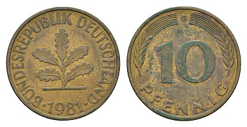 ФРГ 10 пфеннигов 1981 G KM 108, J.383 сталь плакированная латунью 4606-1153
