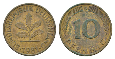 ФРГ 10 пфеннигов 1981 G KM 108, J.383 сталь плакированная латунью 4606-1153
