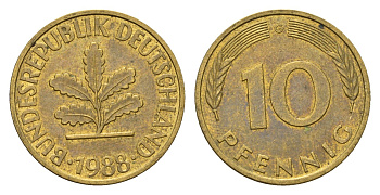 ФРГ 10 пфеннигов 1988 G KM 108, J. 383 сталь плакированная латунью 4684-1217