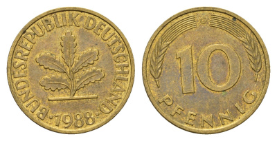 ФРГ 10 пфеннигов 1988 G KM 108, J. 383 сталь плакированная латунью 4684-1217