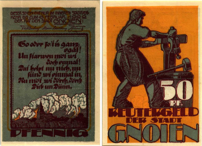ГНОЙЕН 50 ПФЕННИГОВ 1922 НОТГЕЛЬД, 1922 - 15 ФЕВРАЛЯ 1922, ЗЕМЛЯ МЕКЛЕНБУРГ ПЕРЕДНЯЯ ПОМЕРАНИЯ Grabowski 444.1a бумага 6318-33-1-2