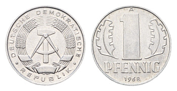 ГДР 1 пфенниг 1968 A KM 8.1 алюминий UNC 4685-1259