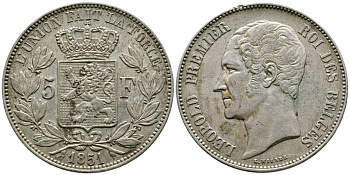 Бельгия 5 франков 1851 Леопольд I (1831-1865) KM 17 серебро 1066-20-32
