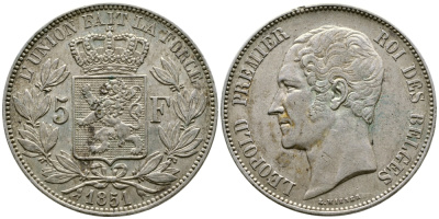 Бельгия 5 франков 1851 Леопольд I (1831-1865) KM 17 серебро 1066-20-32