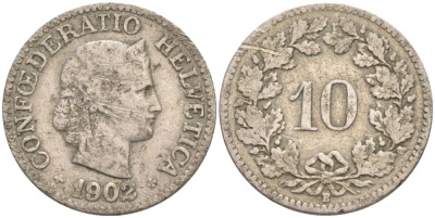 ШВЕЙЦАРИЯ 10 РАППЕНОВ 1904 В KM 27 медно-никель 96-643