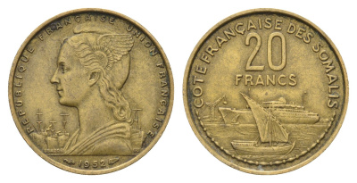 Французское Сомали 20 франков 1952 год-тип KM 7 алюминиевая бронза 1527-1124