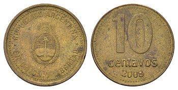 Аргентина 10 сентаво 2008 KM 107a сталь плакированная латунью 4124-828