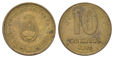 Аргентина 10 сентаво 2008 KM 107a сталь плакированная латунью 4124-828