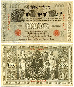 ГЕРМАНИЯ 1000 МАРОК 1910 КРАСНАЯ ПЕЧАТЬ, 7 ЦИФР В НОМЕРЕ Pick 44b бумага 7147-26-2